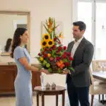Hombre y mujer de pie en una sala elegante sosteniendo juntos un gran arreglo floral con girasoles, rosas rojas y frutas sobre una mesa pequeña