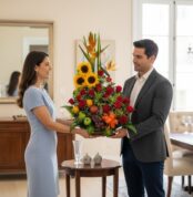 Hombre y mujer de pie en una sala elegante sosteniendo juntos un gran arreglo floral con girasoles, rosas rojas y frutas sobre una mesa pequeña
