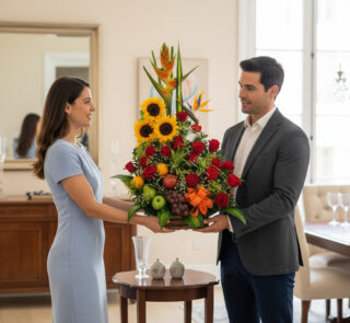 Hombre y mujer de pie en una sala elegante sosteniendo juntos un gran arreglo floral con girasoles, rosas rojas y frutas sobre una mesa pequeña