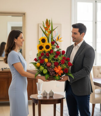 Hombre y mujer de pie en una sala elegante sosteniendo juntos un gran arreglo floral con girasoles, rosas rojas y frutas sobre una mesa pequeña