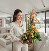 Mujer joven de ropa blanca sostiene un arreglo decorativo con frutas frescas y flores tropicales en una sala de estar moderna y luminosa