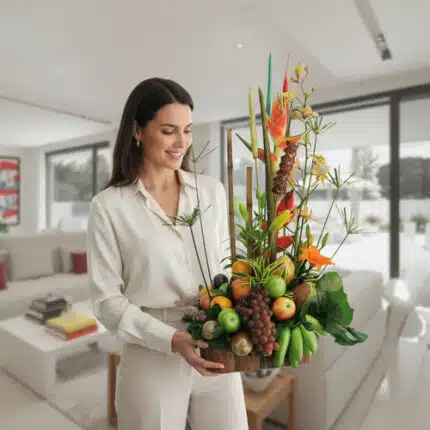 Mujer joven de ropa blanca sostiene un arreglo decorativo con frutas frescas y flores tropicales en una sala de estar moderna y luminosa
