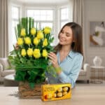 Mujer joven sonriendo mientras acomoda un arreglo de rosas amarillas en base de tronco junto a una caja de chocolates Ferrero Rocher sobre una mesa en una sala moderna