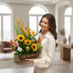 Mujer joven con camisa beige sosteniendo una canasta de mimbre con girasoles y flores tropicales anaranjadas en una sala luminosa
