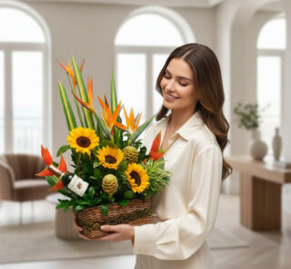 Mujer joven con camisa beige sosteniendo una canasta de mimbre con girasoles y flores tropicales anaranjadas en una sala luminosa