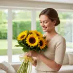 Mujer joven de perfil sonriendo mientras sostiene un ramo de girasoles con lazo amarillo en una sala de estar luminosa con ventanales al jardín