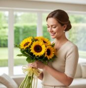 Mujer joven de perfil sonriendo mientras sostiene un ramo de girasoles con lazo amarillo en una sala de estar luminosa con ventanales al jardín