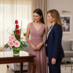 Dos mujeres de pie junto a un arreglo floral con rosas rojas y gerberas rosadas en un jarrón de vidrio sobre una mesa de madera en una sala de estar luminosa
