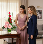 Dos mujeres de pie junto a un arreglo floral con rosas rojas y gerberas rosadas en un jarrón de vidrio sobre una mesa de madera en una sala de estar luminosa