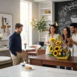 Tres personas sonríen y aplauden mientras sorprenden a un hombre con un arreglo de girasoles sobre una mesa en una sala moderna y luminosa