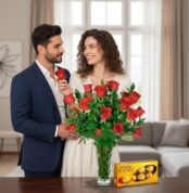 Pareja elegante en sala luminosa, ella sostiene una rosa roja frente a un gran ramo de rosas en jarrón de cristal junto a una caja de bombones Ferrero Rocher sobre la mesa