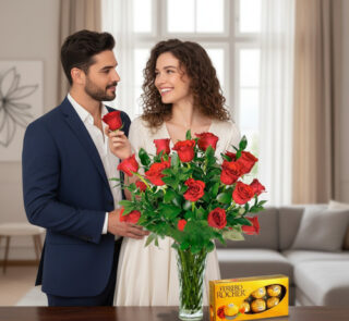 Pareja elegante en sala luminosa, ella sostiene una rosa roja frente a un gran ramo de rosas en jarrón de cristal junto a una caja de bombones Ferrero Rocher sobre la mesa