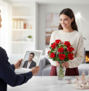 Mujer joven sonríe junto a un ramo de rosas rojas en un jarrón de cristal mientras una persona le muestra una videollamada en una tablet en una sala moderna