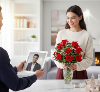 Mujer joven sonríe junto a un ramo de rosas rojas en un jarrón de cristal mientras una persona le muestra una videollamada en una tablet en una sala moderna