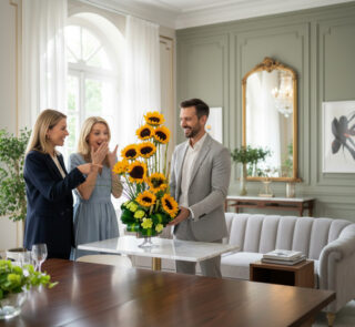 Hombre con traje claro entregando un arreglo alto de girasoles a dos mujeres en un salón moderno y luminoso
