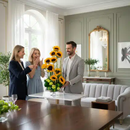 Hombre con traje claro entregando un arreglo alto de girasoles a dos mujeres en un salón moderno y luminoso