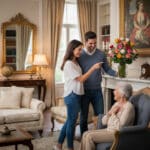 Pareja joven entrega un gran ramo de flores a una mujer mayor sentada en un sillón dentro de una sala de estar clásica y luminosa