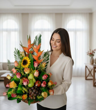 Mujer joven de camisa clara sosteniendo un gran arreglo de flores y frutas con girasoles, rosas de colores, aves del paraíso, uvas y peras en una sala de estar luminosa
