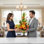 Mujer y hombre sonrientes sostienen juntos una canasta con flores coloridas y frutas frescas en una sala de estar elegante