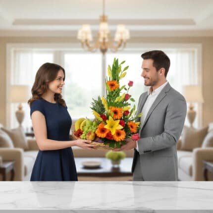 Mujer y hombre sonrientes sostienen juntos una canasta con flores coloridas y frutas frescas en una sala de estar elegante