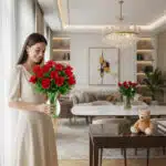 Mujer joven con vestido beige sonriendo mientras sostiene un ramo de rosas rojas en un jarrón de cristal, en un salón moderno con mesa de mármol, lámpara de araña y peluche sobre una mesa auxiliar