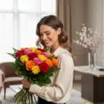 Mujer sonriente con camisa beige sosteniendo un gran ramo de rosas amarillas, naranjas, rojas y rosas en una sala moderna y luminosa