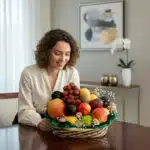 Mujer joven con blusa blanca sentada a una mesa de madera mirando una canasta de mimbre llena de frutas variadas como manzanas, uvas, naranjas y peras en un salón moderno