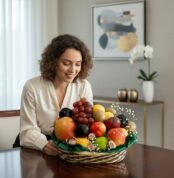 Mujer joven con blusa blanca sentada a una mesa de madera mirando una canasta de mimbre llena de frutas variadas como manzanas, uvas, naranjas y peras en un salón moderno