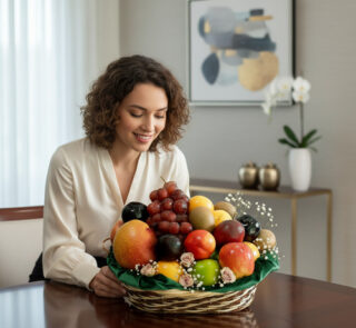 Mujer joven con blusa blanca sentada a una mesa de madera mirando una canasta de mimbre llena de frutas variadas como manzanas, uvas, naranjas y peras en un salón moderno