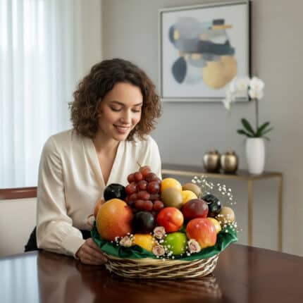 Mujer joven con blusa blanca sentada a una mesa de madera mirando una canasta de mimbre llena de frutas variadas como manzanas, uvas, naranjas y peras en un salón moderno