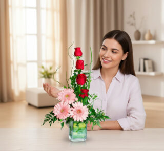 Mujer sentada a una mesa observando un arreglo floral vertical con rosas rojas y gerberas rosas en jarrón de cristal cuadrado, en una sala luminosa