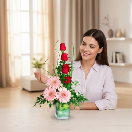 Mujer sentada a una mesa observando un arreglo floral vertical con rosas rojas y gerberas rosas en jarrón de cristal cuadrado, en una sala luminosa