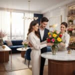 Pareja joven sonriente recibe de una florista un ramo de rosas amarillas y rojas sobre una mesa de mármol en una sala de estar moderna y luminosa