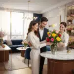 Pareja joven sonriente recibe de una florista un ramo de rosas amarillas y rojas sobre una mesa de mármol en una sala de estar moderna y luminosa