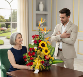 Mujer mayor de cabello canoso y hombre joven de traje beige junto a un arreglo floral con girasoles, rosas rojas, ave del paraíso y frutas sobre una mesa de madera en una sala elegante