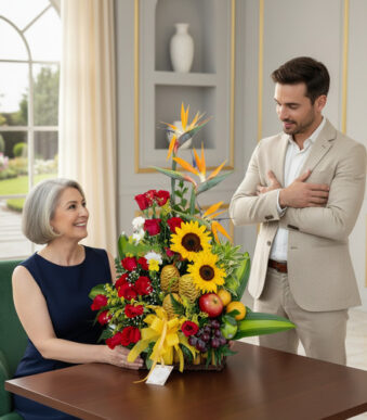 Mujer mayor de cabello canoso y hombre joven de traje beige junto a un arreglo floral con girasoles, rosas rojas, ave del paraíso y frutas sobre una mesa de madera en una sala elegante