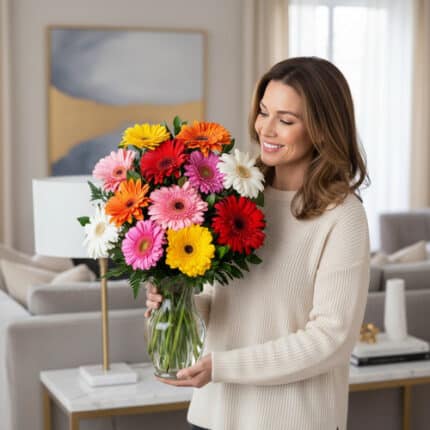 Mujer sonriente con suéter beige sostiene un gran ramo de gerberas multicolor en un jarrón de cristal dentro de una sala de estar luminosa