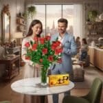 Mujer colocando un ramo grande de rosas rojas en un jarrón de mármol sobre una mesa redonda, junto a una caja de bombones Ferrero Rocher, mientras un hombre con traje azul la observa sonriente en una cocina moderna