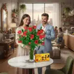 Mujer colocando un ramo grande de rosas rojas en un jarrón de mármol sobre una mesa redonda, junto a una caja de bombones Ferrero Rocher, mientras un hombre con traje azul la observa sonriente en una cocina moderna