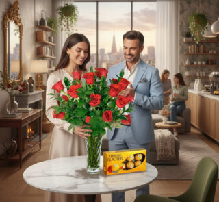 Mujer colocando un ramo grande de rosas rojas en un jarrón de mármol sobre una mesa redonda, junto a una caja de bombones Ferrero Rocher, mientras un hombre con traje azul la observa sonriente en una cocina moderna