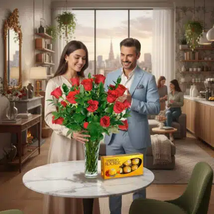 Mujer colocando un ramo grande de rosas rojas en un jarrón de mármol sobre una mesa redonda, junto a una caja de bombones Ferrero Rocher, mientras un hombre con traje azul la observa sonriente en una cocina moderna