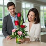 Mujer arreglando un ramo de rosas rojas y gerberas rosadas en un jarrón de cristal, mientras un hombre la observa en una oficina moderna y luminosa