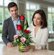 Mujer arreglando un ramo de rosas rojas y gerberas rosadas en un jarrón de cristal, mientras un hombre la observa en una oficina moderna y luminosa
