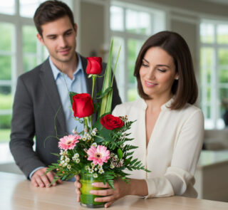 Mujer arreglando un ramo de rosas rojas y gerberas rosadas en un jarrón de cristal, mientras un hombre la observa en una oficina moderna y luminosa