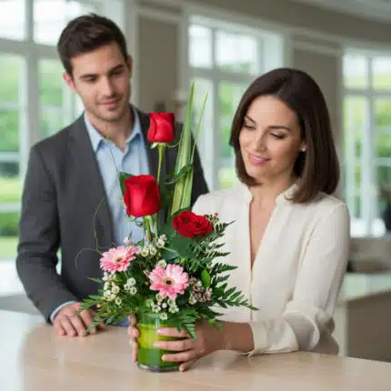 Mujer arreglando un ramo de rosas rojas y gerberas rosadas en un jarrón de cristal, mientras un hombre la observa en una oficina moderna y luminosa