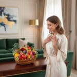 Mujer joven con bata de satén beige observa una canasta de mimbre llena de frutas variadas sobre una mesa de madera en una sala de estar elegante con sofá verde y lámpara dorada