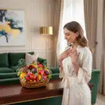 Mujer joven con bata de satén beige observa una canasta de mimbre llena de frutas variadas sobre una mesa de madera en una sala de estar elegante con sofá verde y lámpara dorada