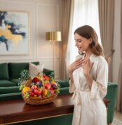 Mujer joven con bata de satén beige observa una canasta de mimbre llena de frutas variadas sobre una mesa de madera en una sala de estar elegante con sofá verde y lámpara dorada