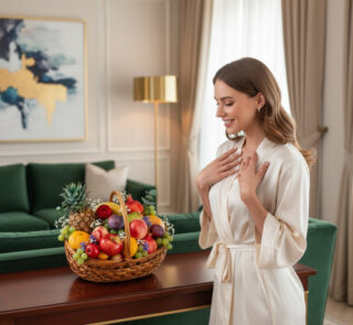 Mujer joven con bata de satén beige observa una canasta de mimbre llena de frutas variadas sobre una mesa de madera en una sala de estar elegante con sofá verde y lámpara dorada
