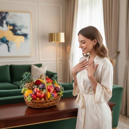 Mujer joven con bata de satén beige observa una canasta de mimbre llena de frutas variadas sobre una mesa de madera en una sala de estar elegante con sofá verde y lámpara dorada